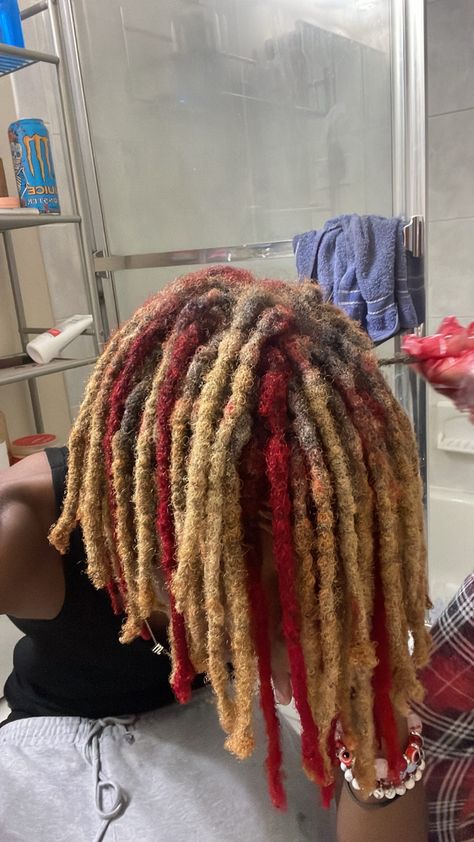 High Top Dreads Dyed, Multi Colored Locs Men, Red And Blonde Dreads Men, Red And Blonde Locs Men, Dread Color Combos, Died Dread Locks, Dread Colors Men, Loc Dye Ideas Men, Dreads Dyed Men