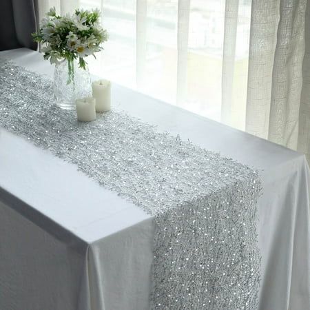 Silver Table Runner Wedding, Sparkly Wedding Table Decor, Sparkly Wedding Centerpieces, White And Silver Wedding Decorations, Sparkly Party Decorations, Sparkly Table Cloth, Silver Table Runner, Silver Wedding Centerpieces, Glitter Table Runner