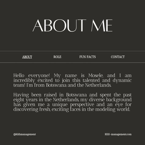 Meet the team. We are thrilled to be introducing our first new team member, Mosele. Her main role consists of managing bookings and scouting, making her a point of contact for both clients and models. She will additionally be assisting with our social media, so keep an eye out, you might be seeing a lot more of her. xx KKH #meettheteam #kkhmanagement #modelingagency Introducing Yourself On Social Media, Excited Face, Team Member, Meet The Team, An Eye, Model Agency, Social Media Manager, Hello Everyone, A Team