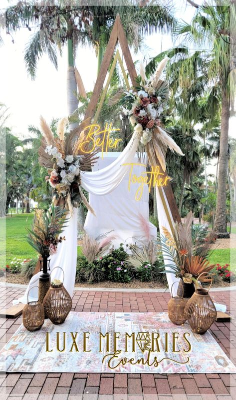 wedding floral boho ceremony Triangle Wedding Arbor With Drape, Triangle Arch Wedding Drape, Triangle Arch With Drapery, Wedding Triangle Arch With Drapes, Triangle Wedding Arch With Fabric, Wedding Triangle Arch Ideas, Triangle Arch Decor, Double Triangle Wedding Arch, Triangle Wedding Arbor