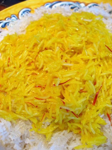 Basmati Saffron Rice Yellow Rice Recipe, Iranian Dishes, Persian Rice, Iran Food, Middle East Food, Persian Cuisine, Iranian Food, Yellow Rice, Eastern Cuisine