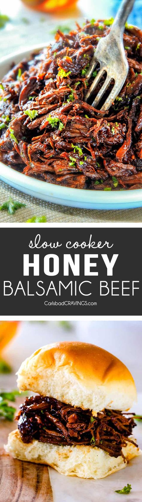 I am obsessed with this sweet and tangy, savory Slow Cooker Honey Balsamic Beef!!!  It's fall apart tender, crazy juicy, packed with flavor and smothered in the most AMAZING honey balsamic sauce!  perfect for sandwiches or stand alone delicious with rice and potatoes! via @carlsbadcraving Beef Sandwiches Crock Pot, Shredded Beef Sandwiches, Healthy Recipes Crockpot, Balsamic Sauce, Slow Cooker Roast Beef, Recipes Potato, Beef Sandwiches, Diy Easy Recipes, Carlsbad Cravings