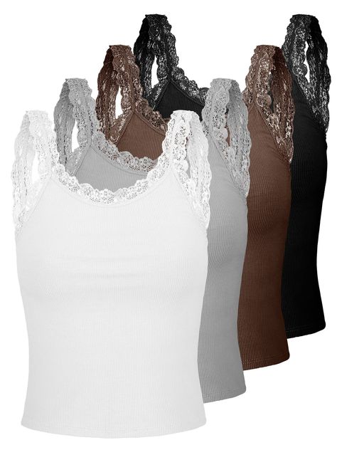 PRICES MAY VARY. Lace Trim Camisole: lace straps cami tank top uses lace trim design, romantic lace can show your elegance and fashion, and is one of your essential equipment, no matter for leisure or dating, lace camisole will make you more charming Reliable Material: women's lace patchwork camisole is made of quality polyester material, it is light, soft, comfortable and breathable, and can fit your body, the lace trim cami undershirt has good elasticity, can serve you for a long time 4 Colors Lace Undershirt, Lace Tank Tops, Patchwork Tank Top, White Lace Tank Top, Lace Trim Tank Top, Lace Trim Cami, Lace Cami Top, Lace Outfit, Lace Straps