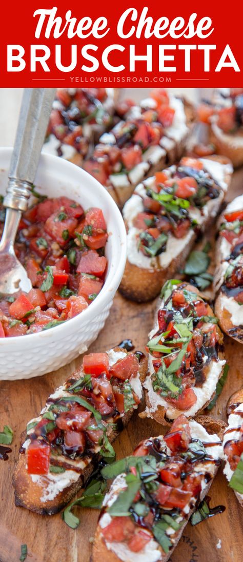 Creamy Three Cheese Bruschetta with Goat Cheese, Cream Cheese and Parmesan. An elegant and classy appetizer that everyone will love! Bruschetta With Goat Cheese, Classy Appetizers, Cheese Bruschetta, Fingerfood Party, Three Cheese, Chapati, Goat Cheese, Cheese Fondue, Clean Eating Snacks