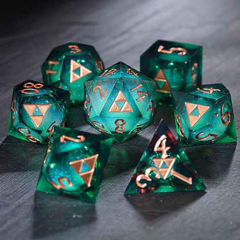 How do you think about this #zelda set?🔺🔻❤️😍 #dnd #dnd5e #dnddice #diceset #dicesets #diceporn #dicegame #dicegames #polyhedraldice #p… | Instagram Zelda Dnd, Goblin Hoard, Resin Galaxy, Dnd Dm, Dice Dragon, Dice Goblin, Green Liquid, Dnd Memes, Resin Dice