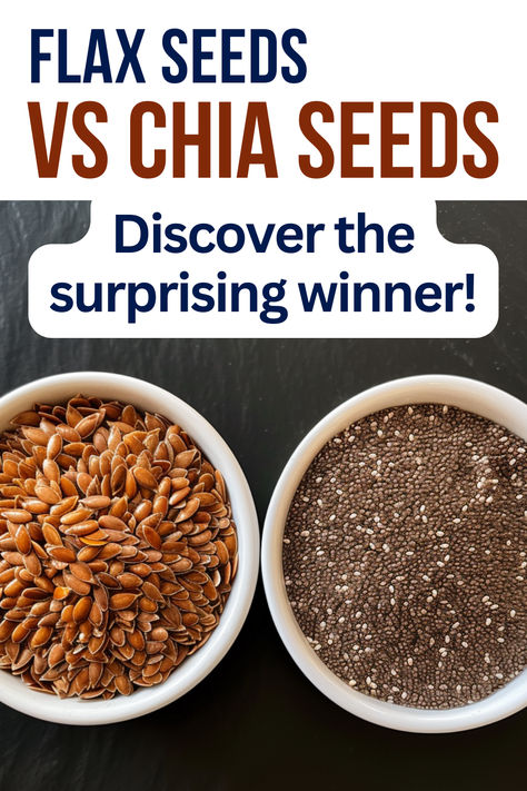 Flax seeds and chia seeds in bowls. Text reads: Flax seeds vs chia seeds. Discover the surprising winner. Flax Vs Chia Seeds, Using Flax Seed, How To Use Flax Seed Recipes, Chai And Flax Seed Recipes, Health Benefits Of Flax Seeds, Chia Seed Recipes For Flat Stomach, How To Use Flax Seed, Chia Seed Vs Flax Seed, Flax Seed Drink