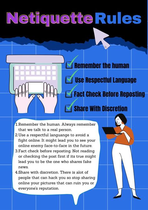 Protect yourself online by following Netiquette Rules Rules Of Netiquette Poster, Netiquette Poster, Rules Of Netiquette, Online Etiquette, Respect Others, Fact Checking, Protect Yourself, Always Remember, Online Community