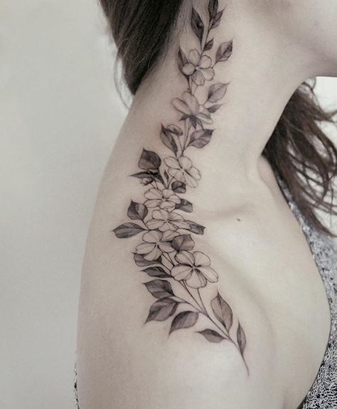 Side Neck To Shoulder Tattoo, Flower Side Neck Tattoos Women, Flower Neck Tattoos Women Side, Vines On Neck Tattoo, Neck Tattoos Women Flowers, Vines Neck Tattoo, Mullein Tattoo, Neck Vine Tattoos, Elegant Neck Tattoo