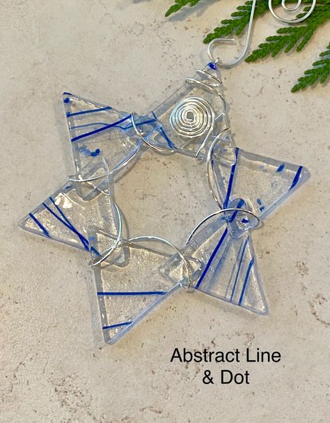 Glass Fusing Ideas, Hanukkah Stained Glass Craft, How To Fuse Glass At Home, Fused Glass Angel Ornaments, Wire Wrapped Star, Hanukkah Ornaments, Fused Glass Star Of David, Fused Glass Christmas Ornaments Fuse Muse Fused Glass, Fussed Glass Winter Suncatcher