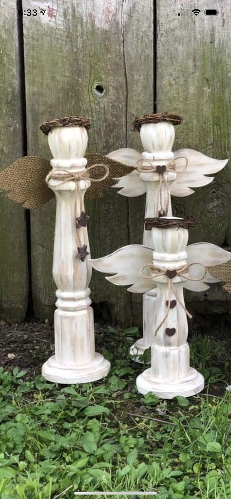 Wood Angels Rustic, Crafts With Spindles, Spindle Crafts Christmas, Wood Spindle Crafts, Wooden Spindle Crafts, Spindle Angels, Spindle Projects, Spindle Candlesticks, Angels Diy