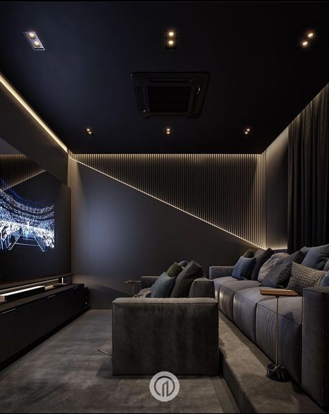 Black Media Room Ideas, Media Room Ideas Modern, Black Theater Room Ideas, Cenima Room, Ktv Interior Design, Dark Media Room, Home Theatre Bar, Karaoke Room Design, Home Theater Design Modern