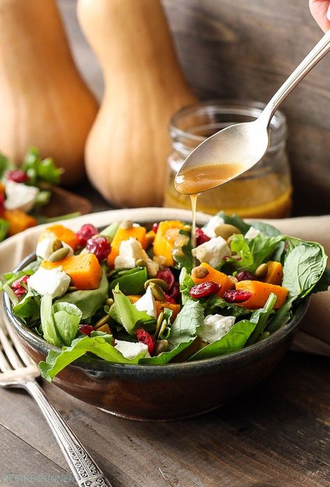 Roasted Butternut Squash Salad with Cider Vinaigrette Spinach Goat Cheese Salad, Roasted Butternut Squash Salad, Pomegranate Vinaigrette, Cider Vinaigrette, Butternut Squash Salad, Harvest Salad, Squash Salad, Hearty Salads, Autumn Salad