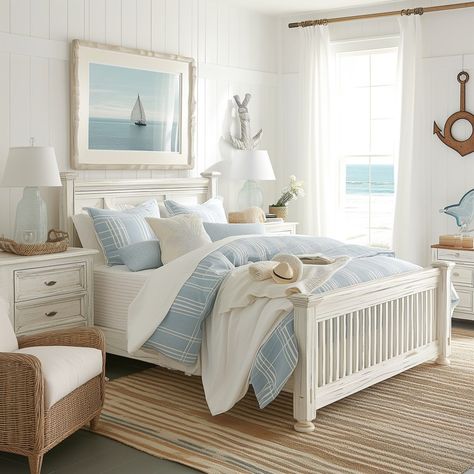 white_bedeoom_Coastal_Crisp__Calm_Channel_breezy_sea 3 Coastal Bed Frame King, Bedroom Ideas With White Furniture, White Furniture Ideas, Charcoal Gray Walls, Coastal Bed Frame, Breezy Bedroom, White Coastal Bedroom, Coastal Beds, White Gray Bedroom