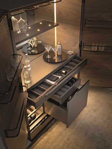 Walnut bar cabinet with integrated lighting PRINCIPE MP.1920/B by Arte Brotto_3 Luxury Bar Design, Kitchen Bar Counter, Modern Home Bar, Bar In Casa, Home Wine Cellars, Home Bar Design, Interior Fit Out, Luxury Bar, Bar Storage