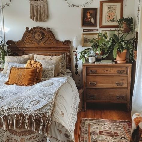 Dishfunctional Designs: How To Design A Boho Bedroom Using Thrifted Elements & Vintage Decor Antique Boho Bedroom, Vintage Boho House, Bohemian Vintage Decor, Light Boho Bedroom, Boho Vintage Bedroom, Vintage Style Room, Thrifted Bedroom, Vintage Boho Bedroom, Cozy Farmhouse Bedroom