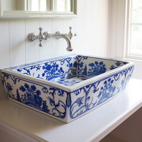 Ecosapiens | Elevate the elegance and charm of your bathroom with porcelain Delftware-inspired sinks. These exquisite fixtures pay homage to the classic… | Instagram Blue White Bathrooms, Dutch Pottery, Blue And White Art, Dream Catcher Decor, Farmhouse Style Furniture, Blue Living Room Decor, Blue White Decor, Handmade Ceramic Tiles, Kitchen Hacks Organization