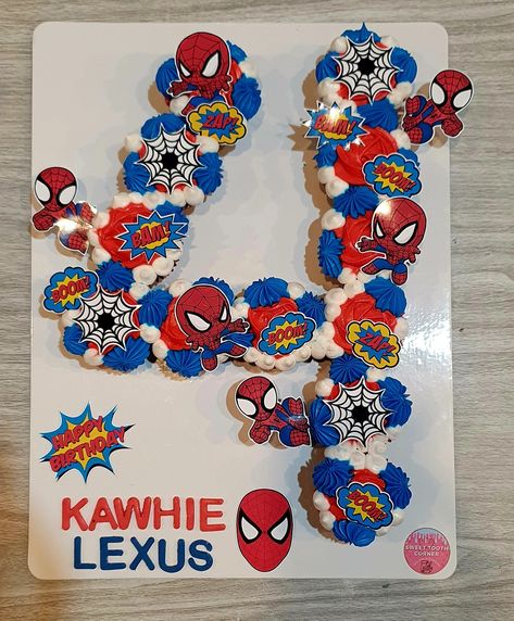 Number 4 Spiderman Cake, Number Cupcakes For Boys, Number 4 Cupcakes, 4 Cupcake Cake Number, Spider Man Cupcake Cake, Number 4 Cupcake Cake, Spider Man Cupcakes Ideas, 4 Cupcake Cake, Spiderman Cupcakes