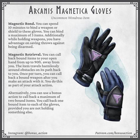 3,091 Likes, 14 Comments - Tim (@bonus_action) on Instagram: “A set of gloves for the warrior with butterfingers! Or the thrown weapons expert! . This and all my…” Dnd Magic Items, Campaign Items, Item References, Magic Armor, Dungeons And Dragons Rules, Magic Gloves, Dnd Magic, Magical Clothes, Fantasy Items