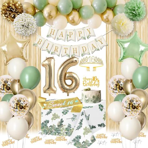 PRICES MAY VARY. Sweet 16 Decorations Sage Green: The package contains 20 sage green balloons, 15 sandy white balloons, 10 metallic gold balloons, 5 16th birthday confetti balloons, 16 balloon numbers, 2 star foil balloons, 16th birthday sash and crown, 4 paper pompoms flowers, 1 green happy birthday banner, 1 sage green tablecloth, 2 gold fringe curtains, 10g gold birthday confetti, happy 16th birthday cake topper. Enough quantity to meet your party decorating needs High-Quality Sweet 16 Balloo Fairy Sweet 16 Theme, Sage Green Themed Birthday Party, Sweet 16 Birthday Themes, Sweet Sixteen Decor, Sage Green Birthday, 16 Party Decorations, Happy Birthday Sweet 16, Sweet 16 Sash, Sweet Sixteen Party