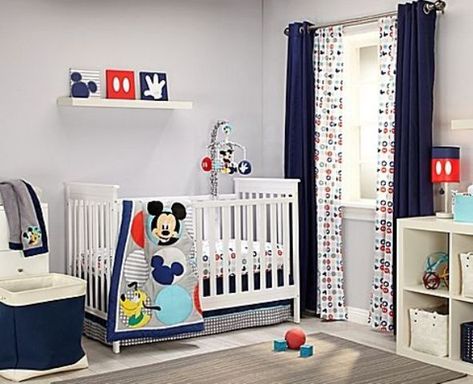 boy's nursery with red and navy touches and Mickey prints Mickey Mouse Kids Room, Disney Kids Rooms, Mickey Mouse Nursery, Mickey Mouse Room, Mouse Nursery, Baby Boy Nursery Bedding, Disney Themed Nursery, Wall Colours, Boy Nursery Bedding