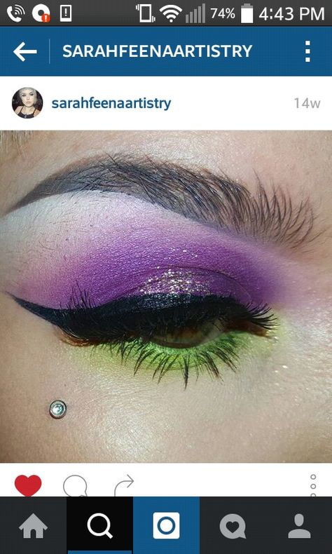 Green Purple Orange Eye Makeup, Green Halloween Eye Makeup, Purple And Green Eye Makeup, Green And Purple Makeup Look, Purple And Green Eyeshadow Looks, Purple And Green Makeup Looks, Purple And Green Eyeshadow, Green And Purple Eyeshadow, Green And Purple Makeup