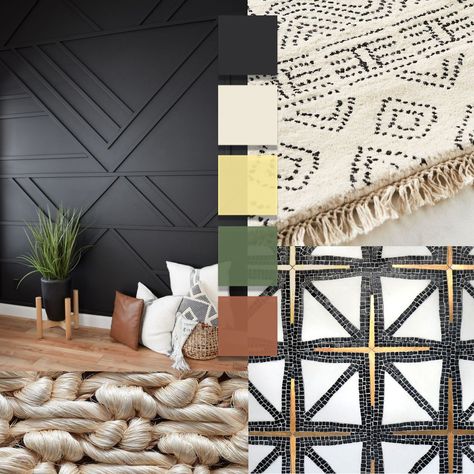 Black Bedroom Mood Board, Black And White Color Palette For Home, Earth Tones And Black, Boho Color Palette With Black, Black And White Home With Pops Of Color, Black And Earth Tones Living Room, Black White Neutral Color Palette, Black White Wood Gold Color Palette, Black White Beige Gold Color Palette