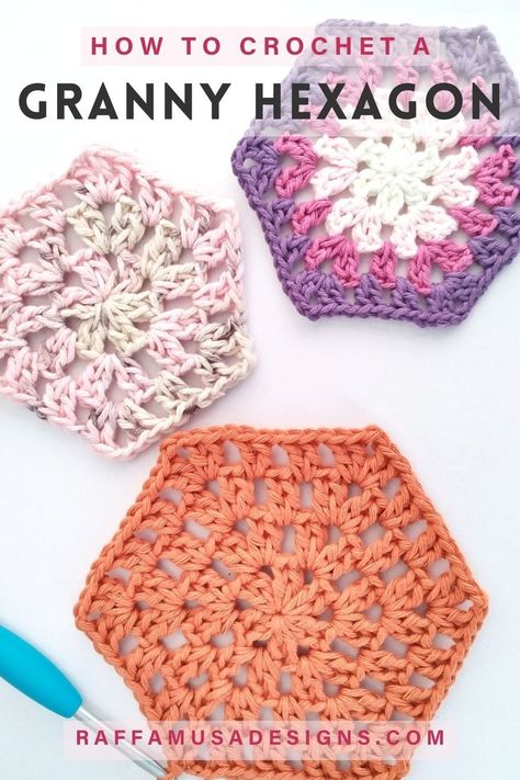 Three crochet granny hexagons made in different yarn colors Crochet Granny Square Free Pattern, Flower Design Ideas, Granny Square Free Pattern, Crochet Coaster Patterns, Granny Hexagon, Hexagon Crochet Pattern, Coaster Patterns, Home Vibes, Granny Square Crochet Patterns Free