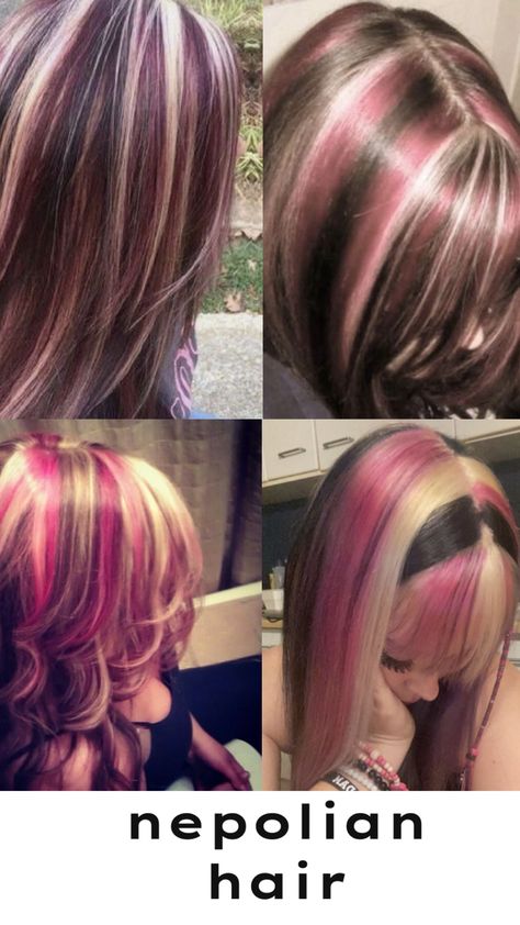 Cute Hair Color Ideas For Blondes, Ombre Hair Designs, Pink Blonde Highlights In Brown Hair, Blonde Over Dark Hair, Pink Blond And Brown Hair, Blonde Pink Brown Hair, Blonde Hair With Pink And Black Streaks, Napoleon Hair Color, Blonde Brown And Pink Hair