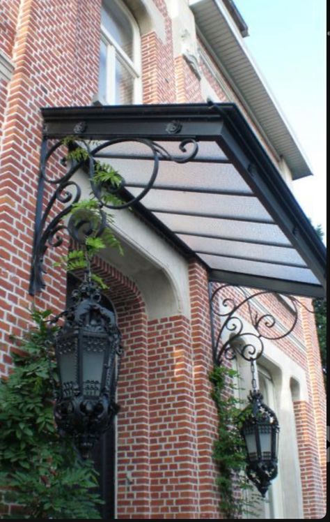 Wrought Iron Awning, Awning Over Door, Front Door Awning, Front Door Canopy, Wall Structure, Canopy Glass, House Awnings, Window Canopy, Balcony Grill