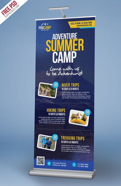 Free Adventure Summer Camp Roll-Up Banner PSD Template is perfect for promoting for tour operators and travel agents specialist in day tours, tour packages, vacations, hiking and camping, city tours, mountain cycling, cruise packages etc. Travel Standee Design, Standee Banner Design, Professional Banner Design, Backdrop Design Banner, Stand Banner Design, Roll Banner Design, Camp Banner, Pull Up Banner Design, Rollup Design