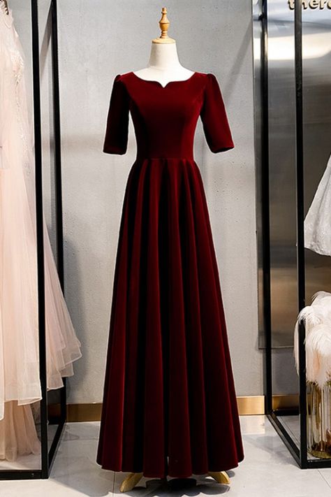 Maroon Long Red Vintage Formal Velvet Dress With Sleeves - $92.89 #MYS79067 - SheProm.com Short Sleeve Prom Dress, Mellow Autumn, Short Sleeve Prom Dresses, Sleeve Prom Dress, Elegant Prom Dress, डिजाइनर कपड़े, Prom Dress Burgundy, Oc Outfits, Velvet Dress Long