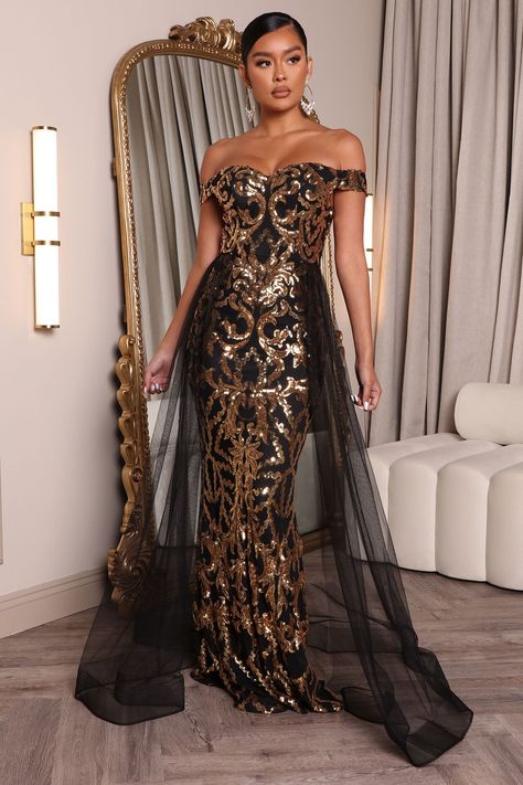 Impeccable Taste Sequin Maxi Dress - Black/Gold | Fashion Nova, Dresses | Fashion Nova Cheap Red Carpet Dresses, Black And Gold Maxi Dress, Black And Gold Maid Of Honor Dress, Red And Gold Masquerade Dress, Dinner Dress Classy Plus Size, Black And Gold Masquerade Dress, Black And Gold Wedding Dresses, Gold And Black Wedding Dress, Black Gala Dress Classy