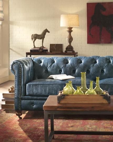 Love this inexpensive Chesterfield from Home Decorators and the horse art. Blue Leather Chesterfield Sofa, Blue Leather Couch, Blue Leather Sofa, Brown Sofa Living Room, Brown Couch Living Room, Blue Couch, Best Leather Sofa, Room Furniture Design, Modern Sofa Living Room