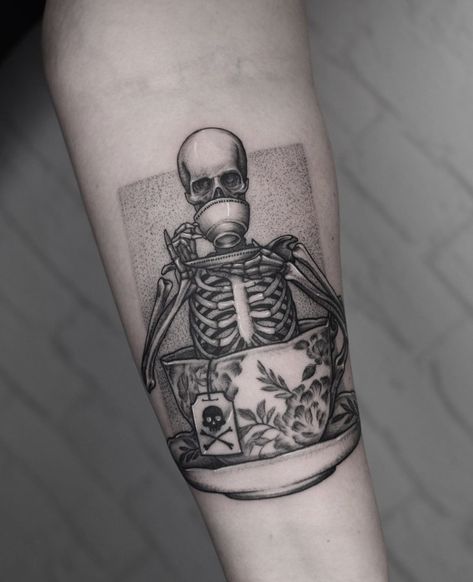 Coffee Tattoo Ideas Design, Skeleton Coffee Tattoo, Gothic Tea Cup Tattoo, Skull Coffee Tattoo, Ghost Teacup Tattoo, Skull Tea Cup Tattoo, Tea Cup Tattoo Design, Skeleton Drinking Coffee Tattoo, Tea Cups Tattoo