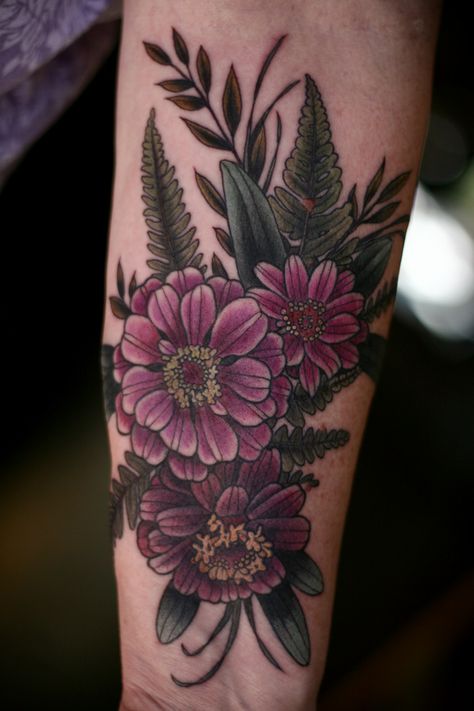 Wonderland Tattoos — Zinnias and ferns by Alice Kendall Purple Floral Tattoo, Greenery Tattoos, Color Floral Tattoo, Zinnia Tattoo, Dark Floral Tattoo, Zinnia Flower, Fern Tattoo, Wonderland Tattoo, Tattoo Henna