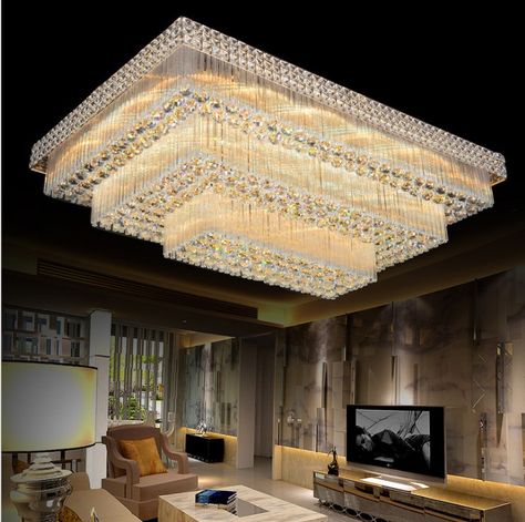 European LED Flush Mount Square Crystal Chandelier Living Room Lobby Foyer Chandeliers, Room Chandeliers Bedrooms, Crystal Chandelier Living Room, Hall Stairs, Rectangular Living Rooms, Deco Chandelier, Crystal Ceiling Light, Rectangle Chandelier, Restaurant Lighting