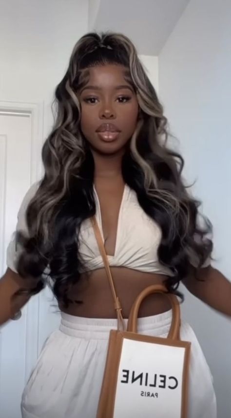 Jet Black Hair With Highlights Black Women, Half Up Half Down With Highlights, Birthday Hairstyles, Frontal Hairstyles, Dope Hairstyles, Hair Laid, Hair Ponytail Styles, Ponytail Styles, Hair Life