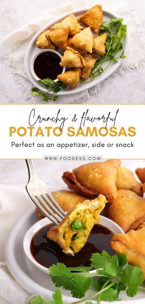 Craving something spicy, savory and crunchy, but not sure what to make? Potato Samosas are an easy and flavorful appetizer or side dish for any meal. With a crisp and golden outer shell and a spiced, savory potato and pea filling, these crispy samosas are sure to be a hit with your family and guests! These are also the ultimate comfort food and a convenient snack item to keep in your freezer and whip out when needed. Head over to my blog for the written recipe + video. Curry Samosa, Chutney For Samosas, Indian Samosa Recipe, Home Made Samosa, Samosa Recipe Indian, Potato Samosa Recipe Easy, Samosas Vegetarian, Potato Samosa Recipe, Samosa Recipe Potato