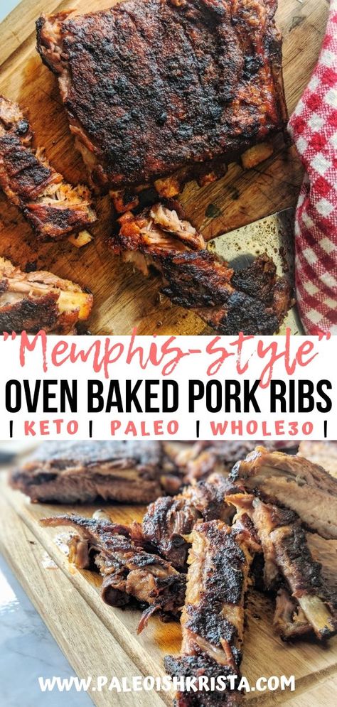 These melt-in-your-mouth "Memphis-Style" pork ribs taste like they've been smoking outdoors for hours yet they're cooked low and slow in the oven! | #paleoishkrista #memphisstylebbq #ketorecipes #paleorecipes #whole30recipes #bakedribs #homemadebbq Healthy Pork Rib Recipes, Keto Pork Ribs In The Oven, Whole 30 Ribs, Keto Ribs Recipe Oven, Keto Spare Ribs, Carnivore Ribs Recipe, Keto Pork Spare Ribs In The Oven, Keto Bbq Ribs Oven, Carnivore Pork Ribs