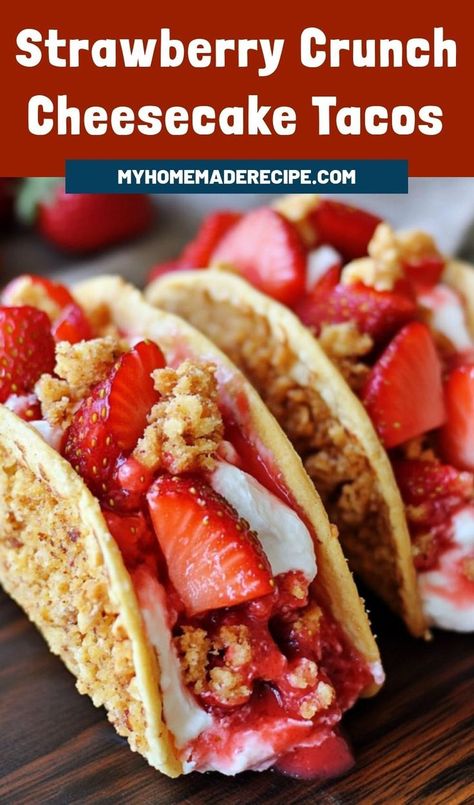 These strawberry crunch cheesecake tacos are the best tacos for a sweet and crunchy dessert. Filled with creamy cheesecake and topped with strawberry crunch, they’re the ultimate dessert tacos for any occasion Strawberry Tacos, Crunch Tacos, Dessert Tacos, Cheesecake Tacos, Strawberry Crunch Cheesecake, Crunch Cheesecake, Dessert Taco, Fried Tacos, The Best Tacos