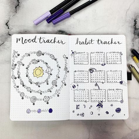 SO IN LOVE with how my mood and habit trackers turned out! The asteroid belt is so cute and I can’t wait to fill up all these planets and stars with these pretty purpled :) April Bullet Journal, March Bullet Journal, Down Wedding Hairstyles, January Bullet Journal, Bullet Journel, Bullet Journal Set Up, Planets And Stars, Asteroid Belt, Half Up Half Down Wedding