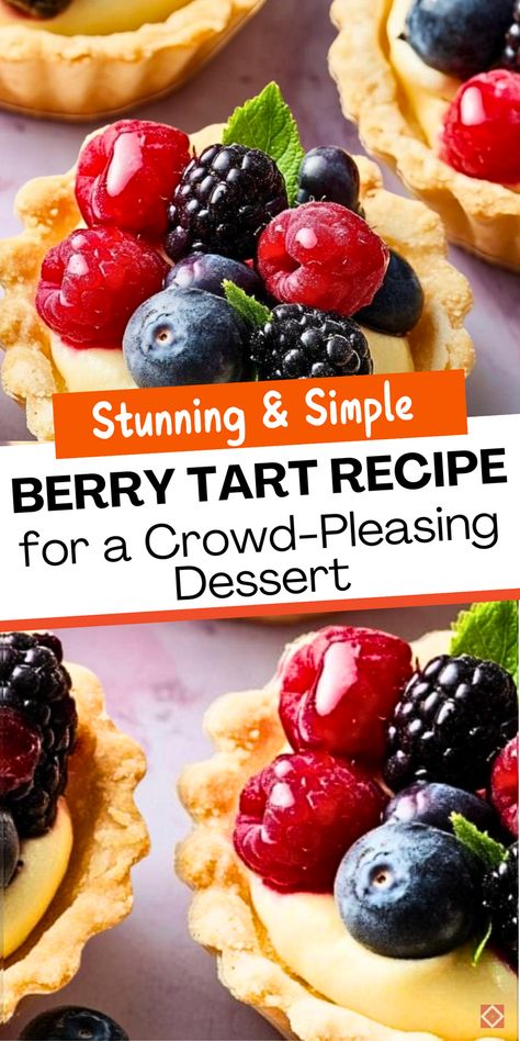 This beautiful berry tart recipe is surprisingly easy to make! With its flaky crust, luscious filling, and fresh berry topping, it’s a crowd-pleaser that’s perfect for any event. Save this pin for a delicious dessert that looks like you spent hours in the kitchen! Recipes With Berries, Berry Tart Recipe, Fresh Berries Recipes, Fruit Tart Filling, Berry Topping, Easy Tart Recipes, Berry Dessert Recipes, Berry Tart, Berry Dessert