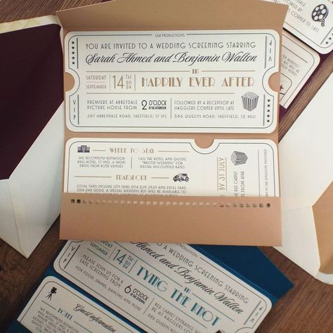 Vintage ticket style invitation in tan wallet with film strip cutout pocket Film Wedding Invitations, Movie Ticket Wedding Invitations, Movie Ticket Invitations, Speakeasy Wedding, Handmade Wedding Invitation, Movie Wedding, Hollywood Glamour Wedding, Movie Invitation, Ticket Wedding Invitations