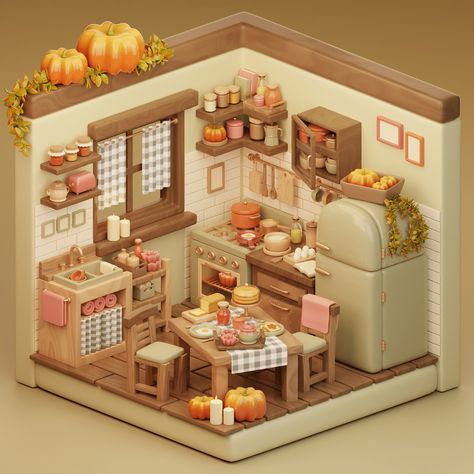 Cute Blender Art, Isometric Kitchen, Isometric Rooms, Blender Kitchen, English Cottage Kitchens, Blender Ideas, Isometric Room, Autumn Kitchen, 3d Living Room