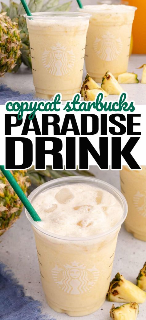 Tropical Copycat Starbucks Paradise Drink is a refreshing getaway on a hot day, full of sweet pineapple, passion fruit, and coconut milk! Pineapple Coconut Refresher, Coconut Milk And Pineapple Juice, Pineapple Coconut Milk Drink, Coconut Milk Refresher Drink, Coconut Syrup Drink Recipes, Drinks To Make With Coconut Milk, Coconut Milk Drinks Healthy, Starbucks Coconut Milk Drinks, Pineapple Drinks Healthy