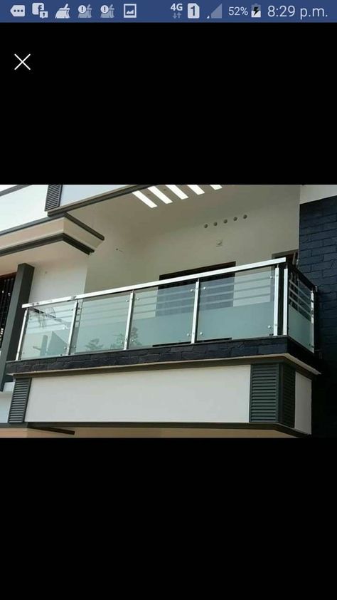 Balcony Railing Design Glass And Steel, Balcony Glass Design Exterior, Glass Relling Design Stairs, Front Grill Design Balcony, Balcony Glass Grill Design, Glass Steel Realing, Ralling Glass Designs Balcony, Elevation Glass Railing, Ss Railing Design Balcony