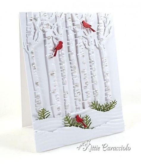 CAS Winter Scene by kittie747 - Cards and Paper Crafts at Splitcoaststampers Christmas Card Inspiration, Impression Obsession, Homemade Christmas Cards, Birch Trees, Tree Cards, Embossed Cards, White On White, Diy Christmas Cards, Christmas Cards To Make