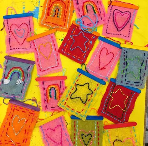 Elementary Art Projects With Felt, Burlap Sewing Projects For Kids, Sewing Wall Hanging, Fiber Arts For Kids, Felt Art Projects, Weaving Kids, Embroidery For Kids, Cassie Stephens, Arts And Crafts For Adults