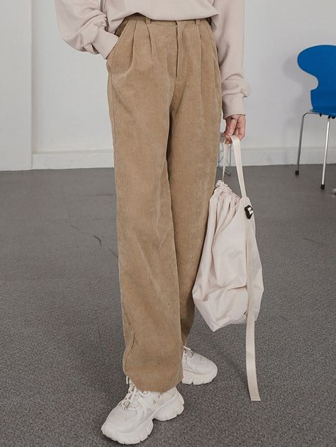 Khaki Casual   Corduroy Plain Straight Leg  Slight Stretch Fall/Winter Women Bottoms Corduroy Pants Outfit, Khakis Outfit, Women Bottoms, Women Pants, Corduroy Pants, Pants Outfit, Straight Leg Pants, Winter Women, Straight Jeans