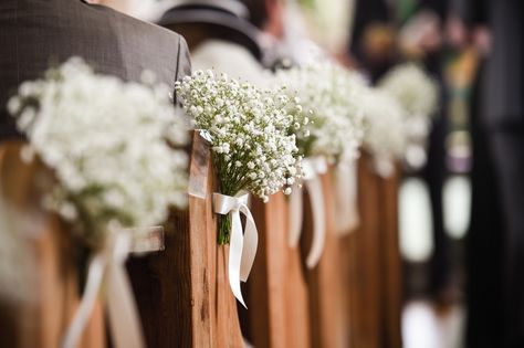 Gypsophila pew ends.  www.mrs-umbels.co.uk Image courtesy of www.marcusholdsworth.co.uk The George In Rye, September Wedding Flowers, Country Wedding Flowers, Wedding Flowers Sunflowers, Pew Ends, Cheap Wedding Decorations, Bright Wedding Flowers, Neutral Wedding Flowers, Wedding Flowers Peonies